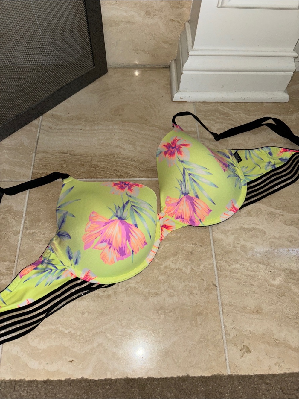 PINK Victoria's Secret Neon Yellow Floral Padded Bra with Black Straps
